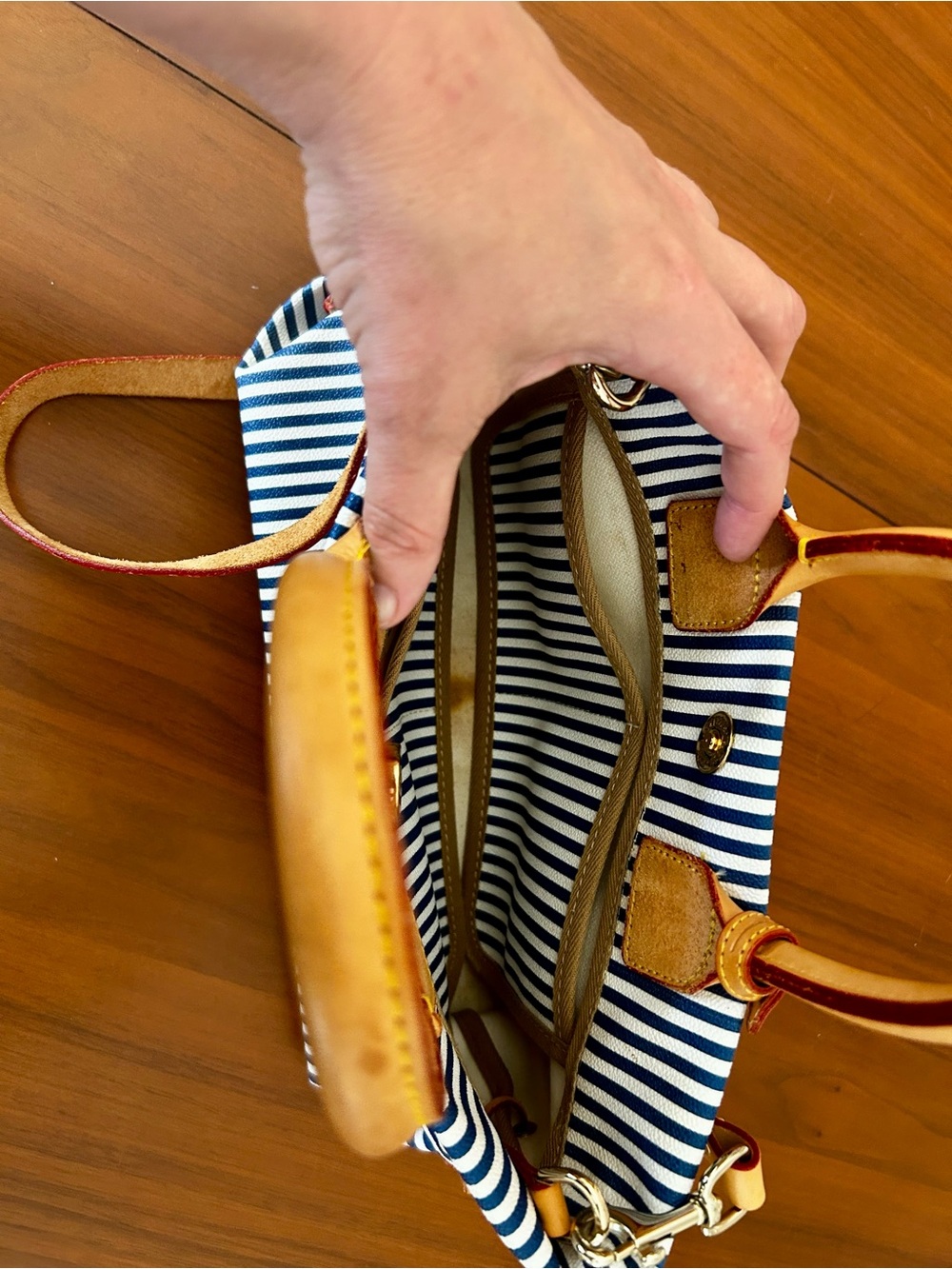 Dooney & Bourke Vintage Striped Navy and White Canvas Tote with Tan Leather Trim - Picture 9 of 10